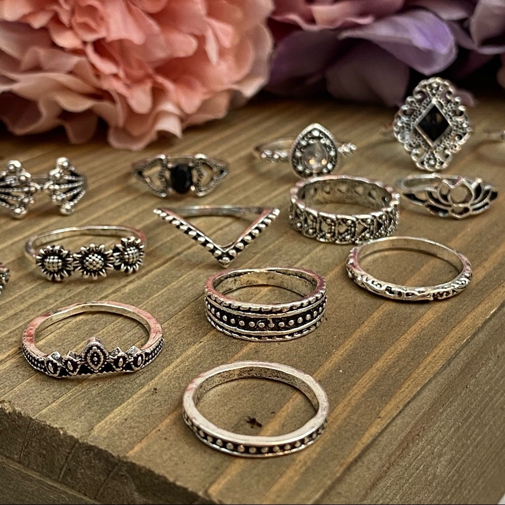 15 Pcs Boho Retro Vintage Crystal Gem Ring Set - Picture 11 of 16